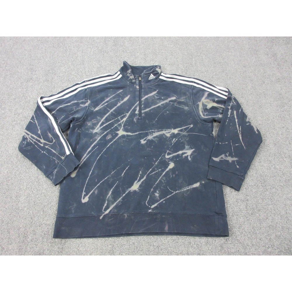 Adidas Sweatshirt Mens Large Blue 1/4 Zip Mock Neck Fleece Pullover‎ Bleach Dye